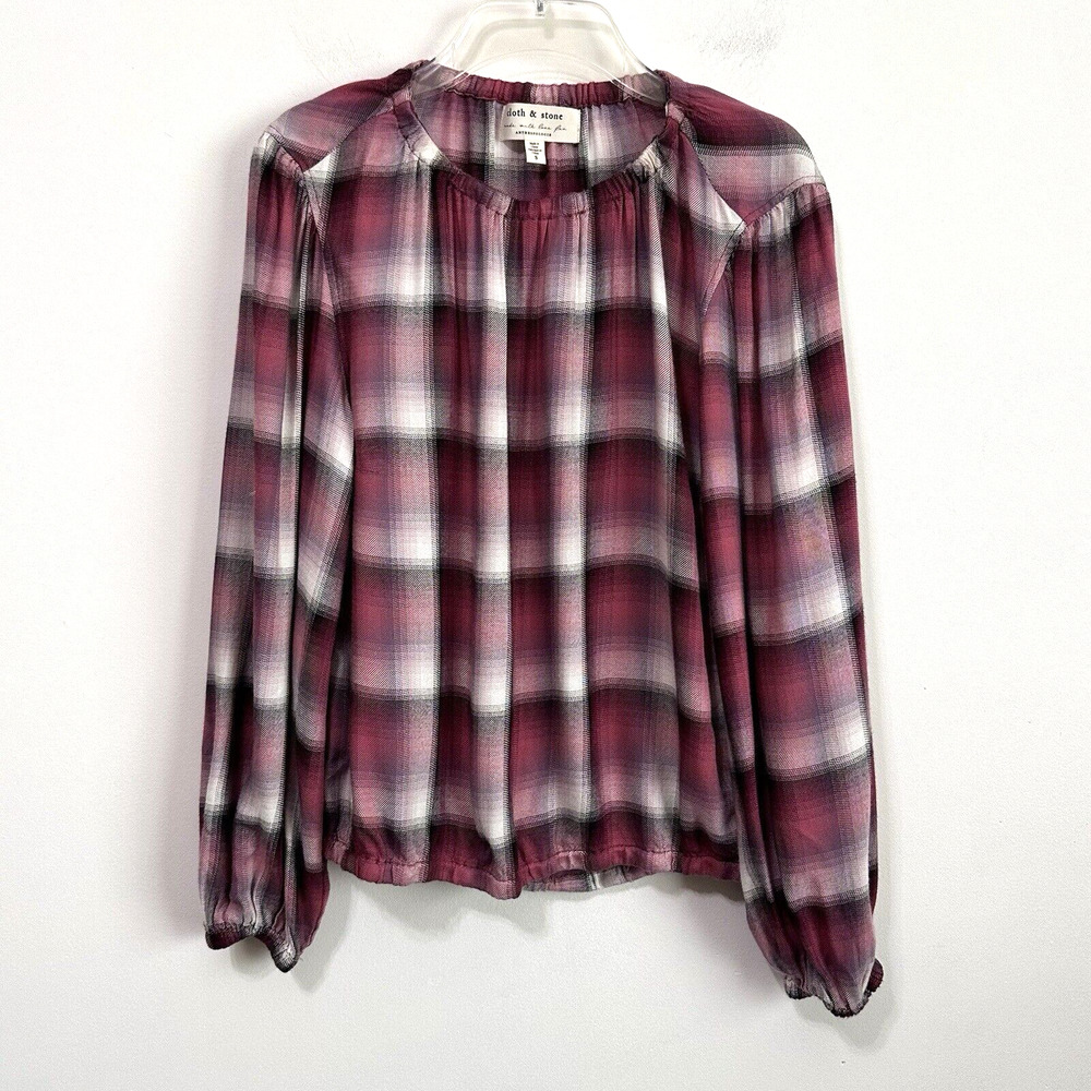 Anthropologie Cloth & Stone Glacier Plaid‎ Long Sleeve Top Small Casual Rayon